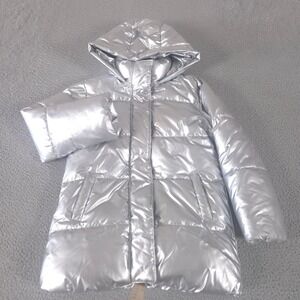 Gap Kids Jacket Girls L Silver Long Warmest Recycled Heavyweight Puffer Metallic